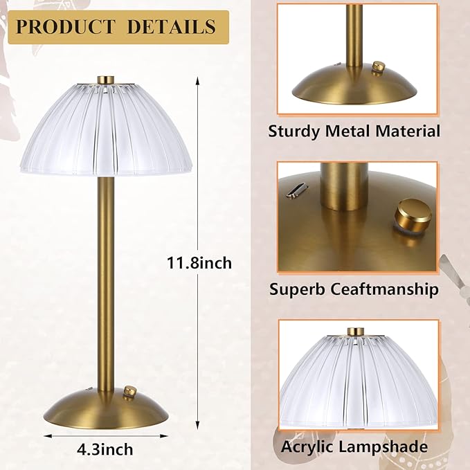 Liliful 2 Pcs Cordless Table Lamp Rechargeable Touch LED Small Gold Portable Battery Operated USB-c Desk Lamp 3 Color Dimmable for Bedroom Living Room Dining (Gold,Mushroom Style)
