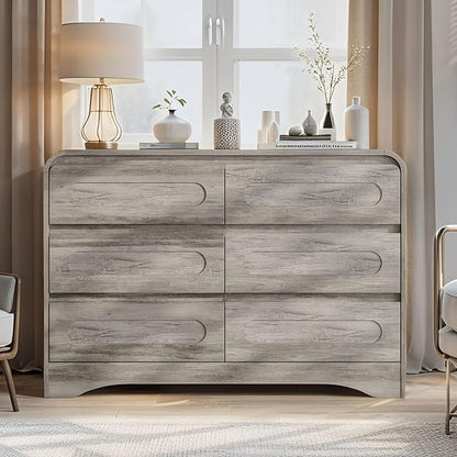Dresser for Bedroom with 6 Drawers, 47" Wide Modern Dressers & Chest of Drawers with Curved Profile Design, Wood Closet Clothes Storage Dressers Organizer for Bedroom Living Room Hallway, Grey