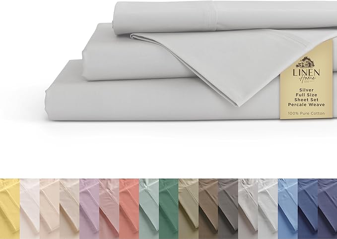 Linen Home 100% Cotton Percale Sheets Full Size, Silver, Deep Pocket, 4 Pieces Set - 1 Flat, 1 Deep Pocket Fitted Sheet and 2 Pillowcases, Crisp Cool and Strong Bed Linen