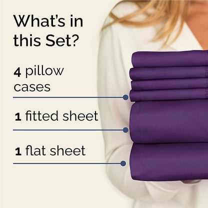 Full 6 Piece Sheet Set - Cooling, Comfy & Breathable - Hotel Luxury Bedding, Includes Fitted Sheet for Women, Men, Kids and Teens - 1 Flat, 1 Fitted Sheet, 4 Pillowcases with Deep Pockets - Purple