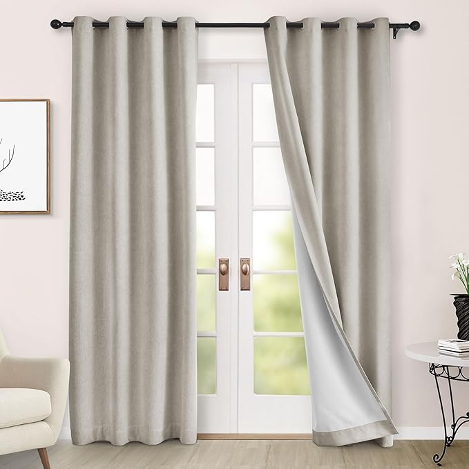 Macochico 100% Blackout Chenille Curtains Thermal Insulated Noise Reducing Velvet Draperies for Living Room Bedroom Hotel Beige Blackout Curtains Grommet Top with Tieback 84" Wx84 L 1 Panel