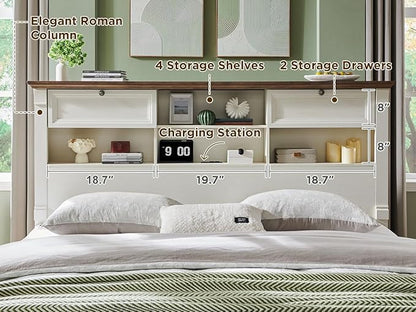 Farmhouse Queen Size Bed Frame with 54" Tall Storage Bookcase Headboard, Wood Platform Bed Frame with 2 Drawers & 18" Tall Roman Column Decoration Footboard, No Box Spring Needed(Antique White)