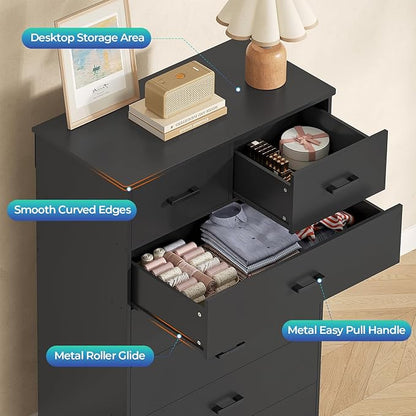 DICTAC Black Dresser for Bedroom with 7 Drawers, 55.7" Tall Dressers Chest of Drawers, Modern Large Wood Storage Dresser Organizer with Metal Handle, Vertical Dressers for Bedroom Living Room Nursery