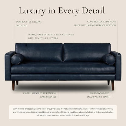 Poly & BARK Napa 88.5" Leather Sofa – Full-Grain Italian-Tanned Aniline Leather, Feather-Down Comfort, Solid Wood Frame, Walnut Legs, Midnight Blue