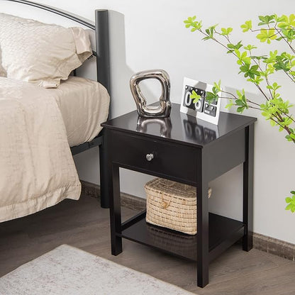 Giantex Nightstand, Wood End Table with Drawer and Open Shelf, Night Stand for Small Spaces, 2-Tier Bedside Table for Living Room Bedroom Dorm, Easy Assembly, Black