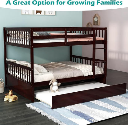Giantex Full Over Full Bunk Bed with Trundle, Solid Wood Trundle Bed Frame w/Guardrails and Ladder, Convertible to 2 Beds, Full Size Bunk Beds for Adults Kids Teens, No Box Spring Needed,Espresso