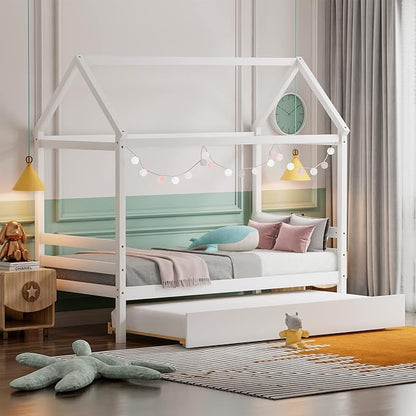 Giantex House Bed with Trundle, Solid Wood Twin Size Daybed for Girls & Boys, Kids Platform Bed Frame with Roof for Bedroom, No Box Spring Needed, White