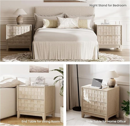 COLAMY Nightstand with Charging Station, 22" Modern Bed Side Table with 2 Storage Drawers and Chessboard Relieffor Bedroom, Dorm and Small Spaces - Oak