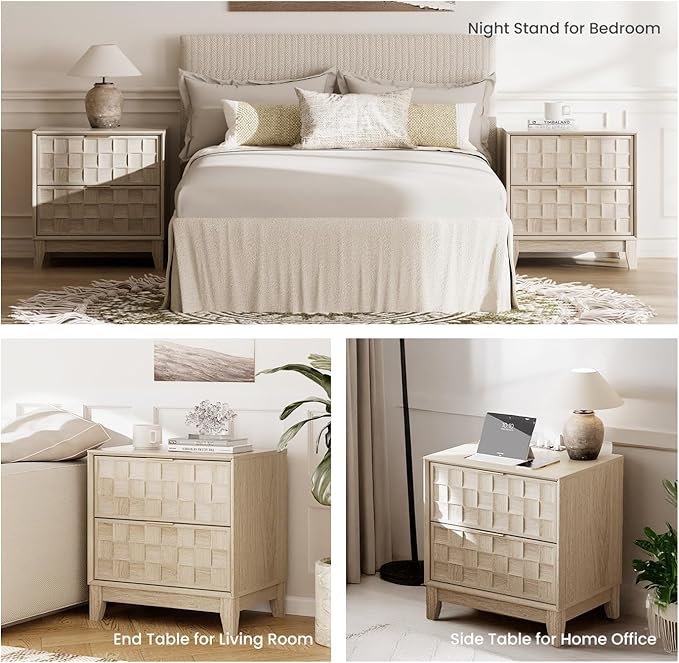 COLAMY Night Stand Set of 2, Nightstand with Charging Station, 22" Modern Bed Side Table with 2 Storage Drawers and Chessboard Relieffor Bedroom, Dorm and Small Spaces - Oak