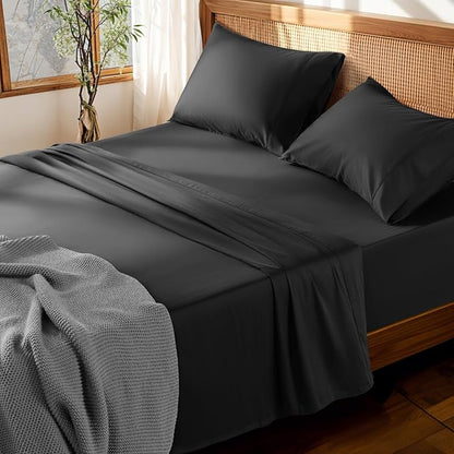 LBRO2M 100% Cotton Sheets Set Deep Pocket 19", 1000 Thread Count California King Size 4 Piece Bed Sheet Sets Soft Comfortable Bedding All Season (California King, Black)