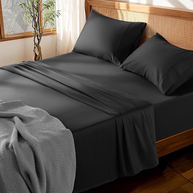 LBRO2M 100% Cotton Sheets Set Deep Pocket 19", 1000 Thread Count Queen Size 4 Piece Bed Sheet Sets Soft Comfortable Bedding All Season (Queen, Black)