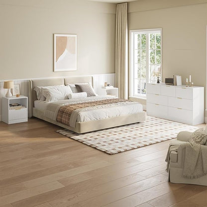 White Dresser & Nightstand Set 3-Piece, Bedroom Dresser with 7 Drawers, Night Stand Set of 2 w/Metal Handle, Fluted Modern Wood Chest of Drawers Storage Dressers Set for Bedroom, White