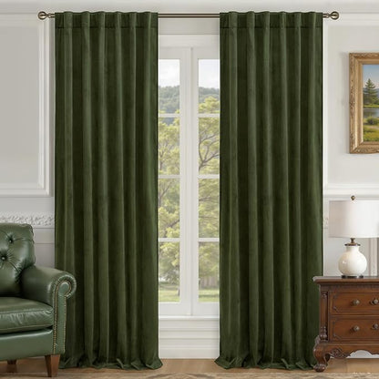 LAMIT Olive Green Velvet Curtains for Living Room 96 Inch Length, Luxury Thermal Insulated Blackout Panels Room Darkening Back Tab and Rod Pocket Window Drapes for Bedroom, 2 Panels, 52 x 96 Inch