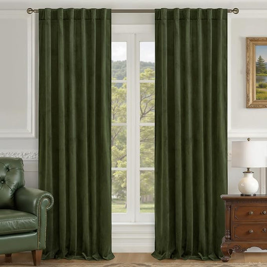 LAMIT Olive Green Velvet Curtains for Living Room 96 Inch Length, Luxury Thermal Insulated Blackout Panels Room Darkening Back Tab and Rod Pocket Window Drapes for Bedroom, 2 Panels, 52 x 96 Inch