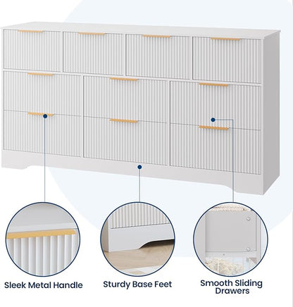 GarveeHome Fluted Dresser for Bedroom with 10 Drawers, 59" Wide Modern Chest of Drawers with Wood Frame, Dresser TV Stand Wooden Closet Clothes Storage Organizer for Living Room, Hallway