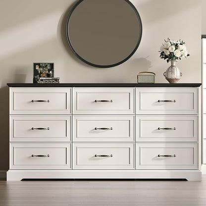 Farmhouse 9 Drawers Dresser for Bedroom, 63" Wide Modern Chest of Drawers with Deep Drawers & Bar Handles, Rustic Wood Dresser TV Stand, Wooden Closet Storage Organizer for Living Room, Hallway, White