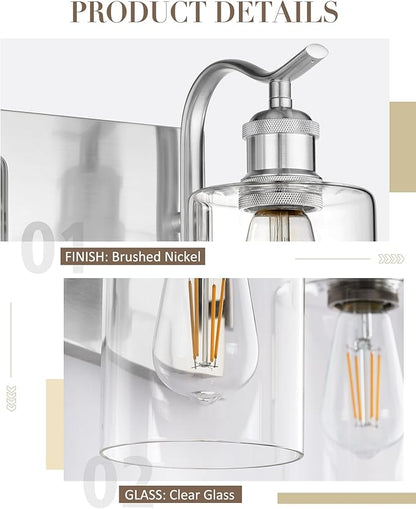 3-Light Bathroom Vanity Light, Brushed Nickel Wall Sconce, Modern Bathroom Light with Clear Glass, VL01BN-3