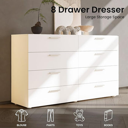 Karl home 8 Drawer Dresser, Wood White Vanity Drawer Cabinet, Bedroom Storage Cabinet TV Stand, Large Dresser Storage Chest with Deep Drawers, Bedroom Furniture，55.1 * 31.5 * 15.7 inches