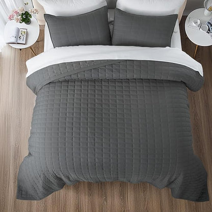 KASENTEX Queen Quilt Set 90"x90" – Soft Washed 3-Layer Lightweight Bedspread, Minimalist Nordic Design, All-Season Spring & Summer Quilt Set (1 Quilt + 2 Pillow Shams), Dark Grey