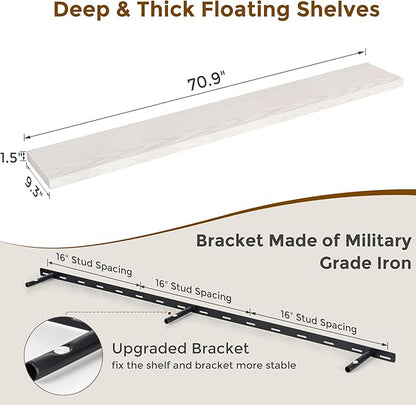 Fun Memories 72 Inch Floating Shelves for Wall, 72x9.3 Large Floating Shelf for Bedroom, Kitchen, Bathroom, Wall Mounted Rustic Wood Shelves with Invisible Bracket for Books, Decor, Brich