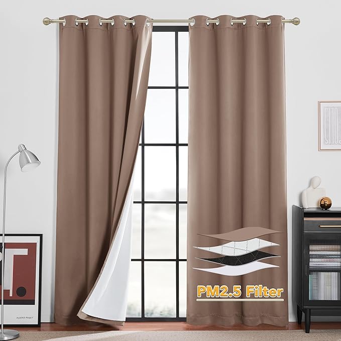 RYB HOME 4-in-1 Dust Filtering Soundproof Blackout Insulating Privacy Window Curtains for Nursery Bedroom Living Room Rivider Sound Absorption Sheet, Mocha, W52 x L84 inch, 2 Panels