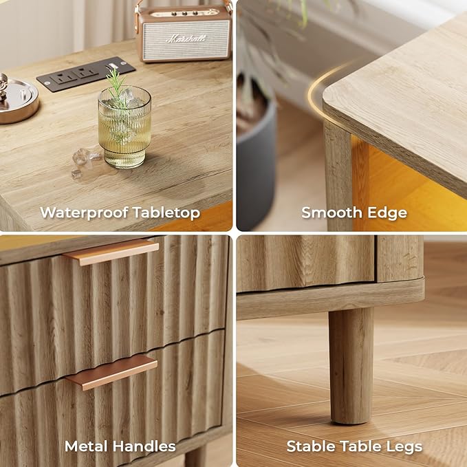 Fluted Nightstand Set of 2, Multifunctional 3 Drawers Storage Bedside Table with Charging Station, Wood Modern Nightstand, Curved Profile Design, End Table for Indoor Room Bedroom, Oak