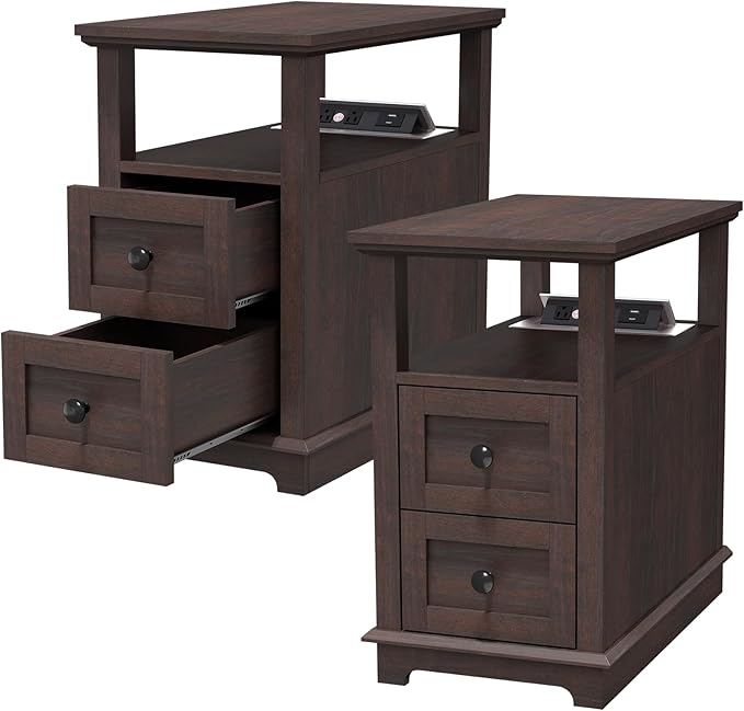 HIFYOBRO Narrow End Table with Flip Top Charging Station Set of 2, Side Table with 2 Drawers, Type-C & USB Port & Power outlets, Wooden Storage Cabinet for Living Room and Bedroom (Espresso)