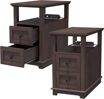 HIFYOBRO Narrow End Table with Flip Top Charging Station Set of 2, Side Table with 2 Drawers, Type-C & USB Port & Power outlets, Wooden Storage Cabinet for Living Room and Bedroom (Espresso)