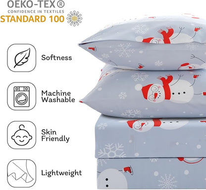 JSD Snowman Kids Sheet Set Full Size, 4 Piece Blue Snowflakes Christmas Printed Microfiber Sheets Deep Pocket