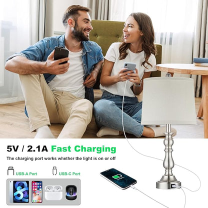 Farmhouse Side Table Lamps for Living Room Set of 2 with USB C+A Ports, Bedside Lamp for Bedroom, Dining Room Decor, Office, End Table, Knob Switch, 3 Color Temperatures, Bulb Included, Silver