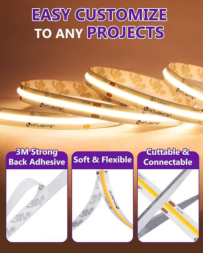 HitLights COB LED Strip Lights Warm White 3000K, 16.4ft Premium High Density 24V Tape Light, 2560 LEDs, 350+ LM/FT, CRI 90+, IP30, Lighting for Kitchen, Cabinets, UL Listed (Power Source Not Included)