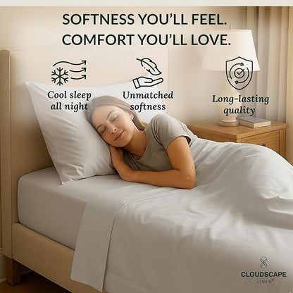 Cloud Scape Linen 100% Egyptian Cotton Sheets Twin Size, 3 Pieces Luxury Bedding Set, 400 Thread Count,Hotel Quality, Silky Soft, Breathable and Durable, Deep Pockets up to 15, Light Grey