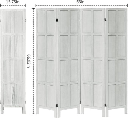 Leesinwing Wood Room Divider 4 Panel Folding Privacy Screen, Classic 5.6Ft Indoor Wooden Partition, Portable Partition Wall Divider for Room Separation, Home, Office, Bedroom, Restaurant (White)