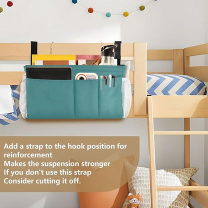KOPIRIT Navy Teal Bedside Caddy Storage Bag Bedside Organizer for College Dorm Top Bunk Bed Hanging Storage Organizer 6 Pockets with Hooks for Drinks Magazine Phone Holder