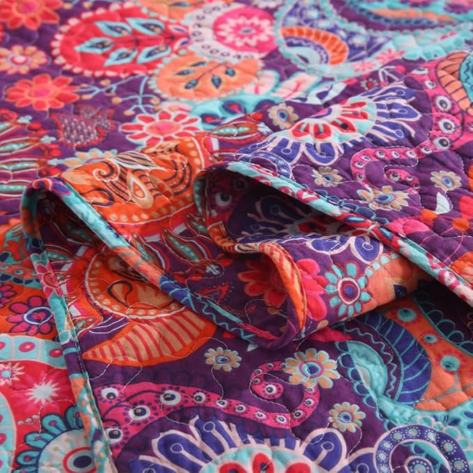 Cotton Bedspread Quilt Sets Reversible Bedding Coverlet Sets Comforter Paisley Floral Bohemian Bedspread,Bohemian Red Gorgeous Pattern,King Size