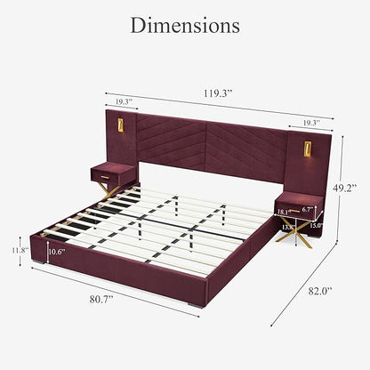 DEINPPA Luxury King Bed Frame with Built-in Gold LED Lights and Nightstands, King Size Platform Bed with Oversize Upholstered Headboard, No Box Spring Needed-Burgundy