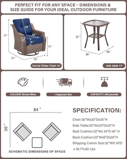Belord 6" Thick Cushion Outdoor Swivel Rocker Patio Chairs Set of 2,3 Piece Wicker Patio Bistro Set with Side Table and Comfort High Back Outdoor Patio Glider Chair Brown Wicker/Blue Cushion