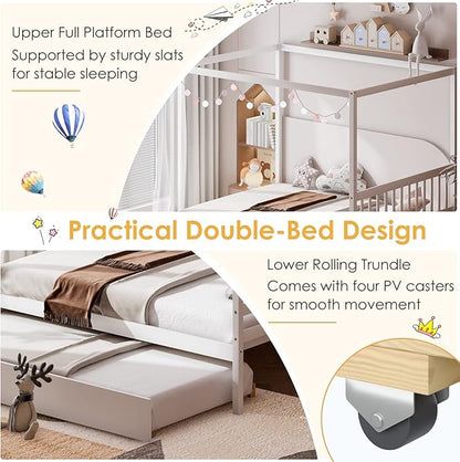 Giantex Canopy Bed with Trundle, Full Size Kids Solid Wood Platform Bed Frame w/Headboard Wooden Twin Trundle Bed for Boys Girls, No Box Spring Needed (White)