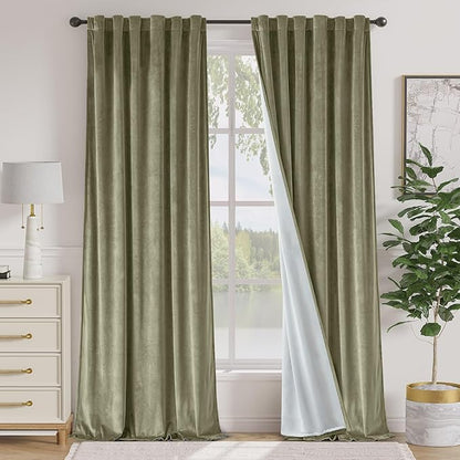 Lazzzy Velvet Green Curtains 108 Inches Long Black Out Thermal Insulated Room Darkening Curtain Drapes Luxury Back Tab Window Treatments for Bedroom Living Room 2 Panels, 52 x 108 Inch, Olive Sage