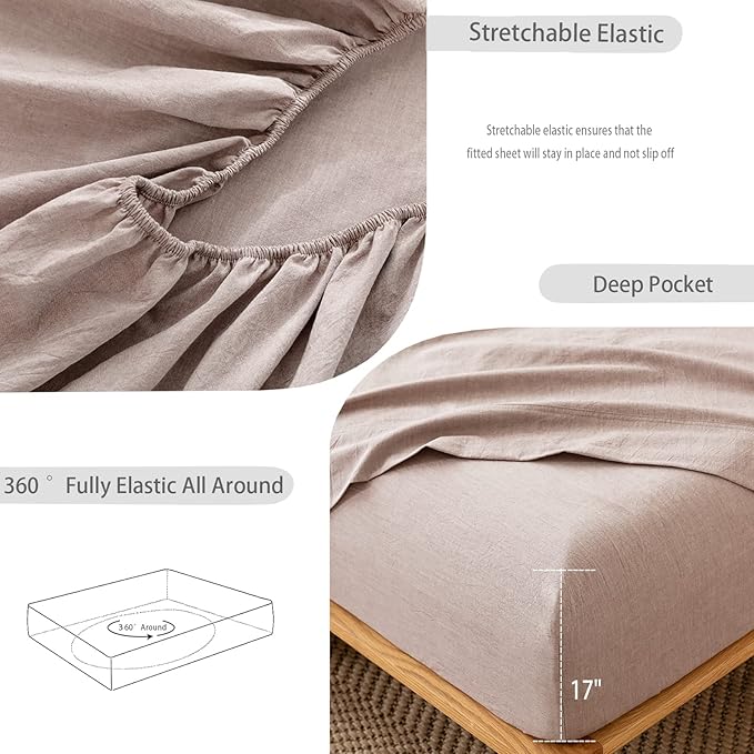 MooMee Fitted Bottom Sheet Only 100% Washed Cotton Linen Like Textured Breathable Durable Soft Comfy Deep Pocket Fits Mattress up to 17" (Mauve Brown, California King)