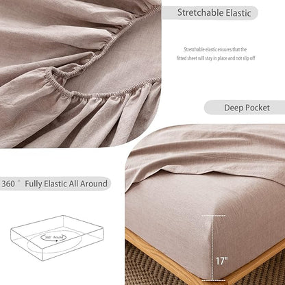 MooMee Fitted Bottom Sheet Only 100% Washed Cotton Linen Like Textured Breathable Durable Soft Comfy Deep Pocket Fits Mattress up to 17" (Mauve Brown, Twin)