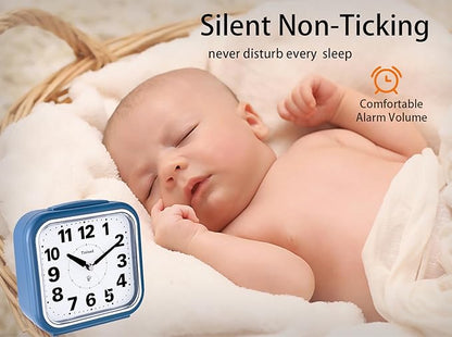 5.5" Large No Ticking Analog Alarm Clock,Silent Readable for Seniors,Easy to Set,Gradual Rise Alarm,Big Numbers,Gentle Wake,Snooze, Lighted on Demand,Battery Operated,Blue