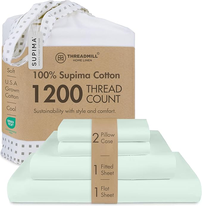 Threadmill California King Sheets, Certified American Supima Cotton Sheets, 1200 Thread Count Hotel Quality, 4 Piece Luxury Bed Sheets Set with Elasticized Extra Deep Pocket, Seaglass