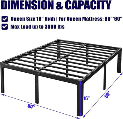 Hunlostten 16" High Queen Bed Frame No Box Spring Needed, Heavy Duty Metal Platform Bed Frame Queen Size with Round Corners, Easy Assembly, Noise Free, Black