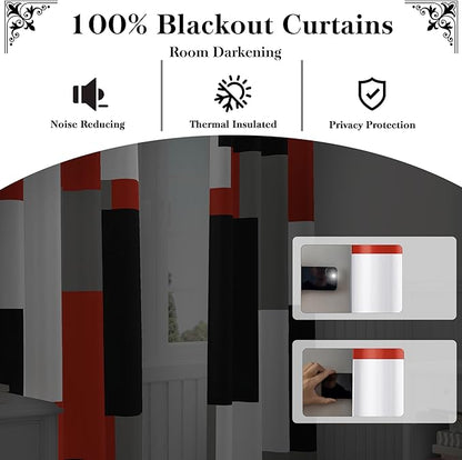Red Black 100% Blackout Curtains for Bedroom 84 inch Long 2 Panels Set Modern Abstract Geometric Black Out Living Room Curtains Christmas Red Thermal Room Darkening Window Drapes, 52Wx84L