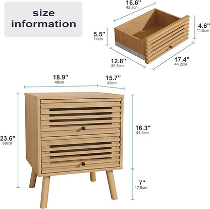 Nightstand Set of 2, Side Table, End Table, Mid Century Modern Nightstand with Hollowed Drawers, Bedside Tables, Small Nightstands with Storage for Bedroom, Oak