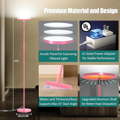 Pink Floor Lamp, 40W Super Bright Floor Lamps for Living Room Bedroom with Remote & Timer, Torchiere LED Floor Lamp 2700K-6500K Stepless Dimmable, Tall Standing Light Works with Smart Plug
