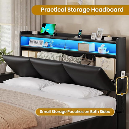 VIAGDO Full Size Bed Frame with Storage Headboard and Charging Station, Leather Upholstered Bed Frame Full Size with 4 Drawers and LED Lights, Type C and USB, No Box Spring Needed, Black