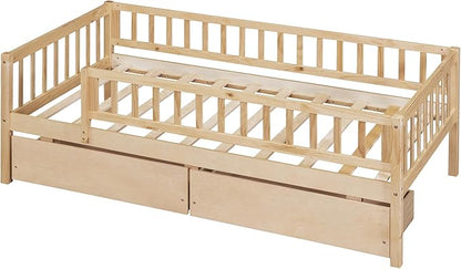 Bellemave Twin Bed Frames with Rails for Kids, Twin daybed Frame with Drawers for Boys/Girls/Adults， Natural