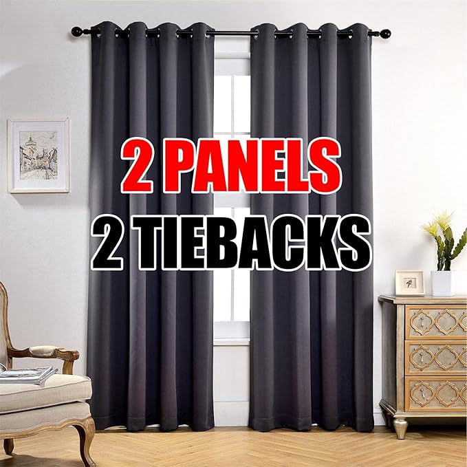 MIUCO 1 Pair Thermal Insulated Grommet 52-Inch-by-84-Inch Blackout Window Curtain Panels with 2 Tie Backs, Dark Grey
